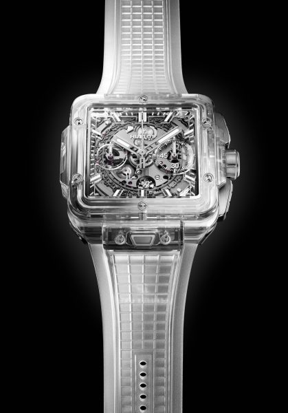 A transparent structured rubber strap complements the translucent timepiece A transparent structured rubber strap complements the translucent timepiece